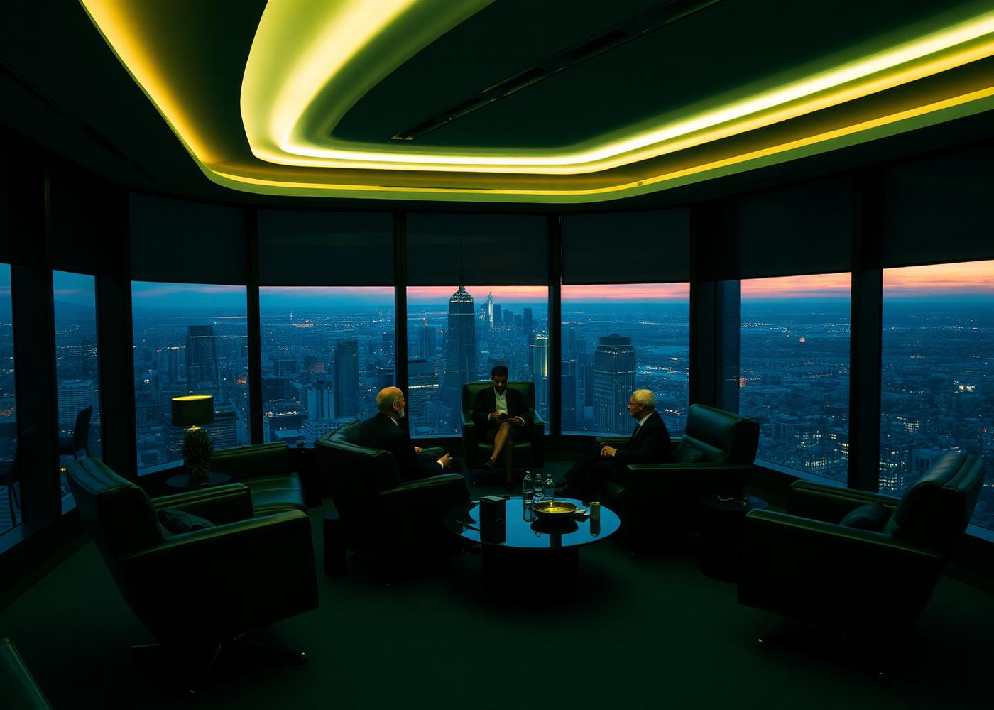 An executive looking over the city from a private boardroom