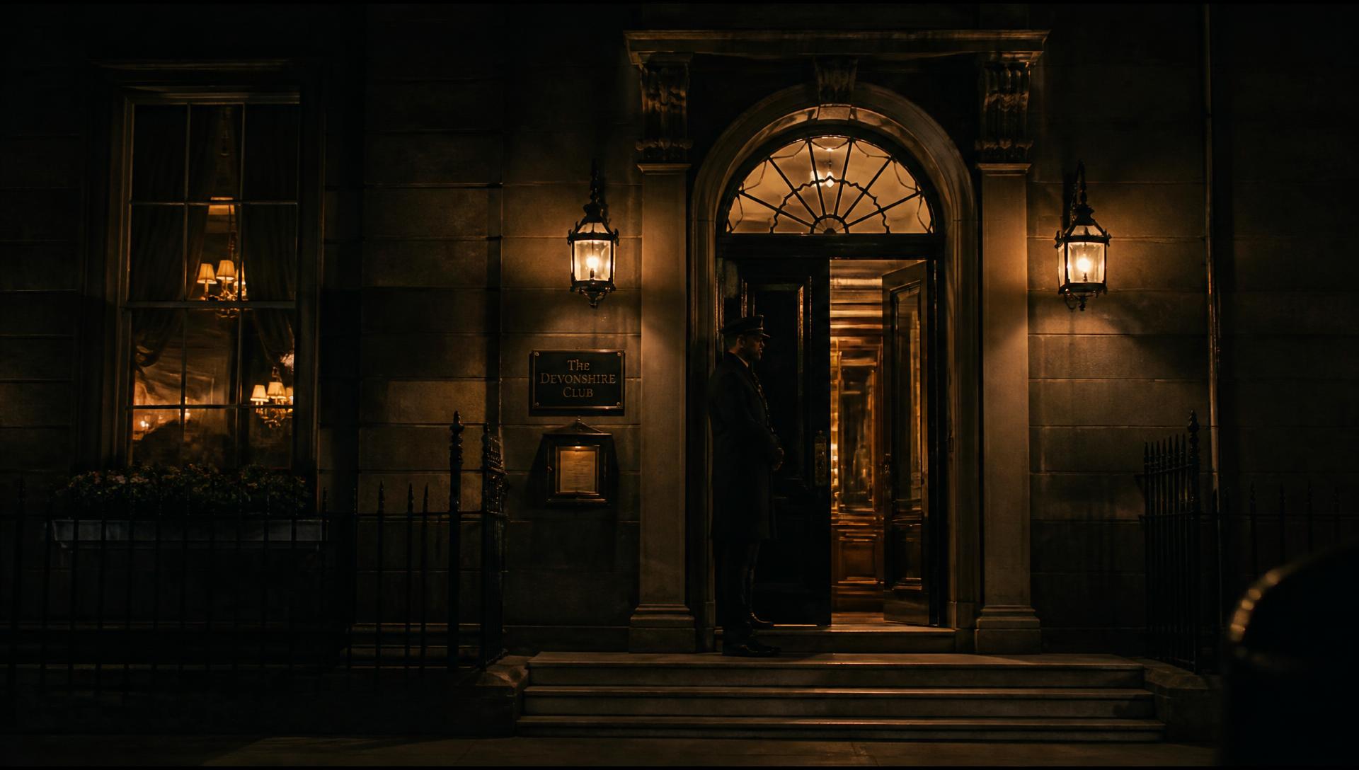 The entrance to a private members' club at night
