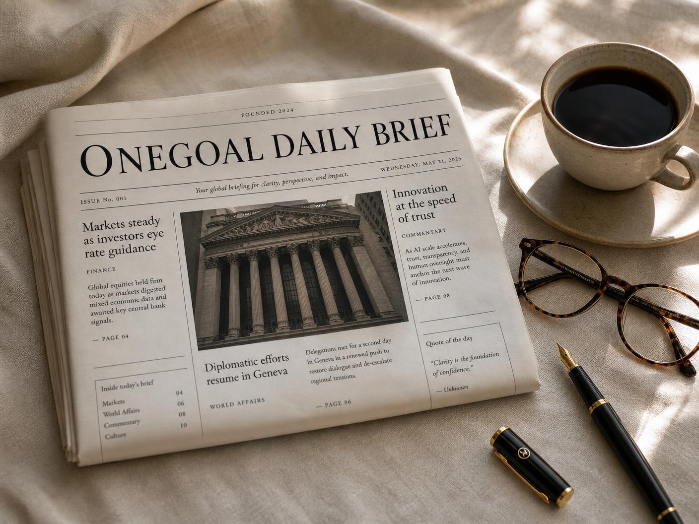 The OneGoal Daily Brief newspaper with coffee, reading glasses and a black fountain pen on ivory linen