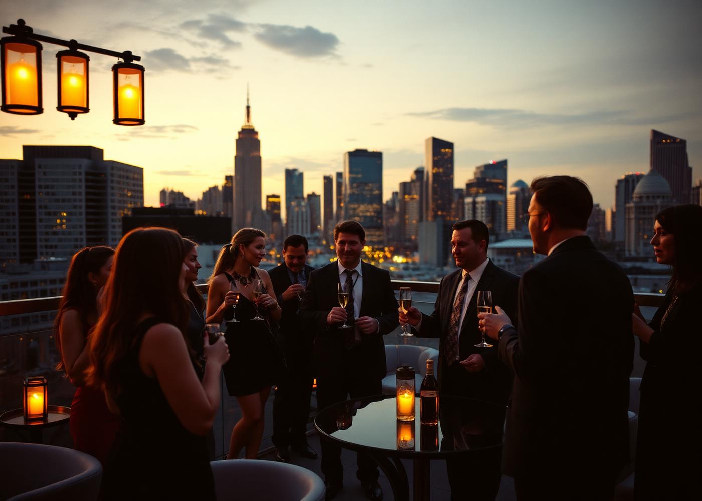 A rooftop gathering at dusk